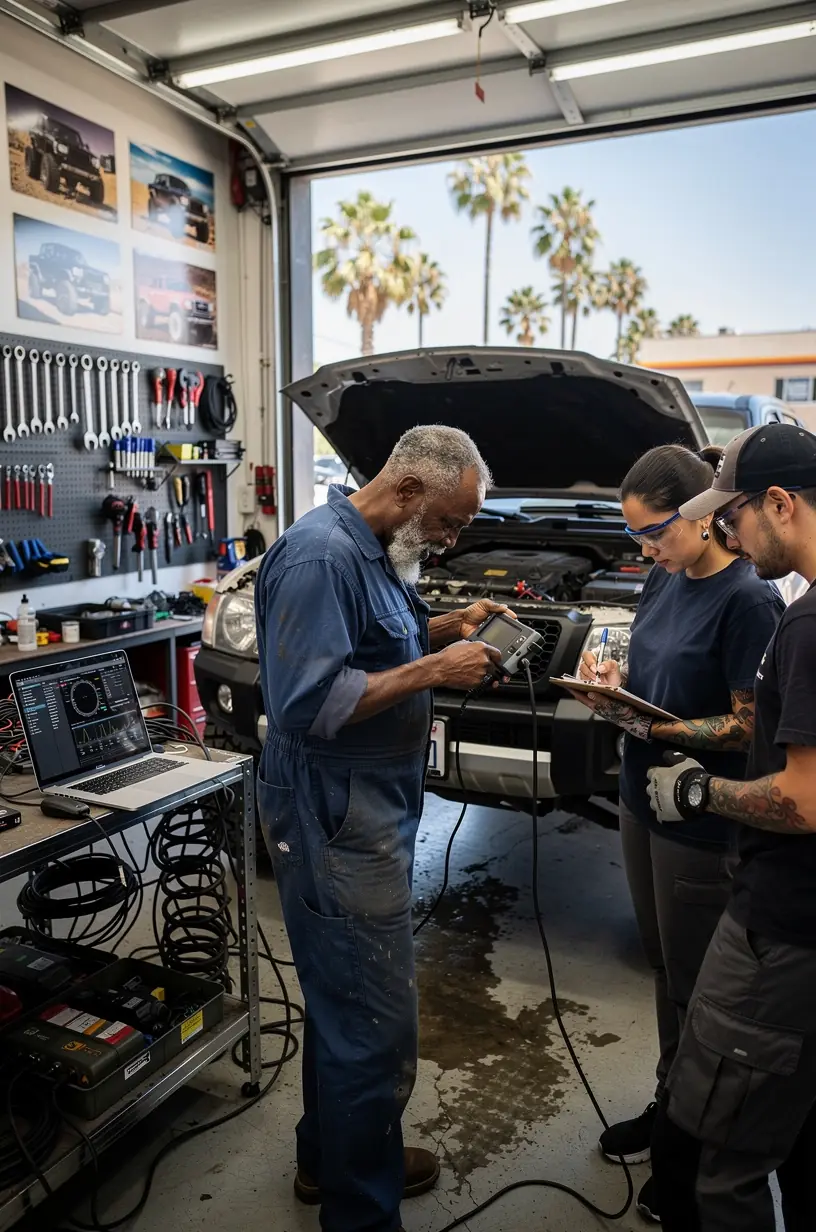 Technician adjusting suspension components on a lifted SUV inside a Los Angeles Bolt off-road customization garage.