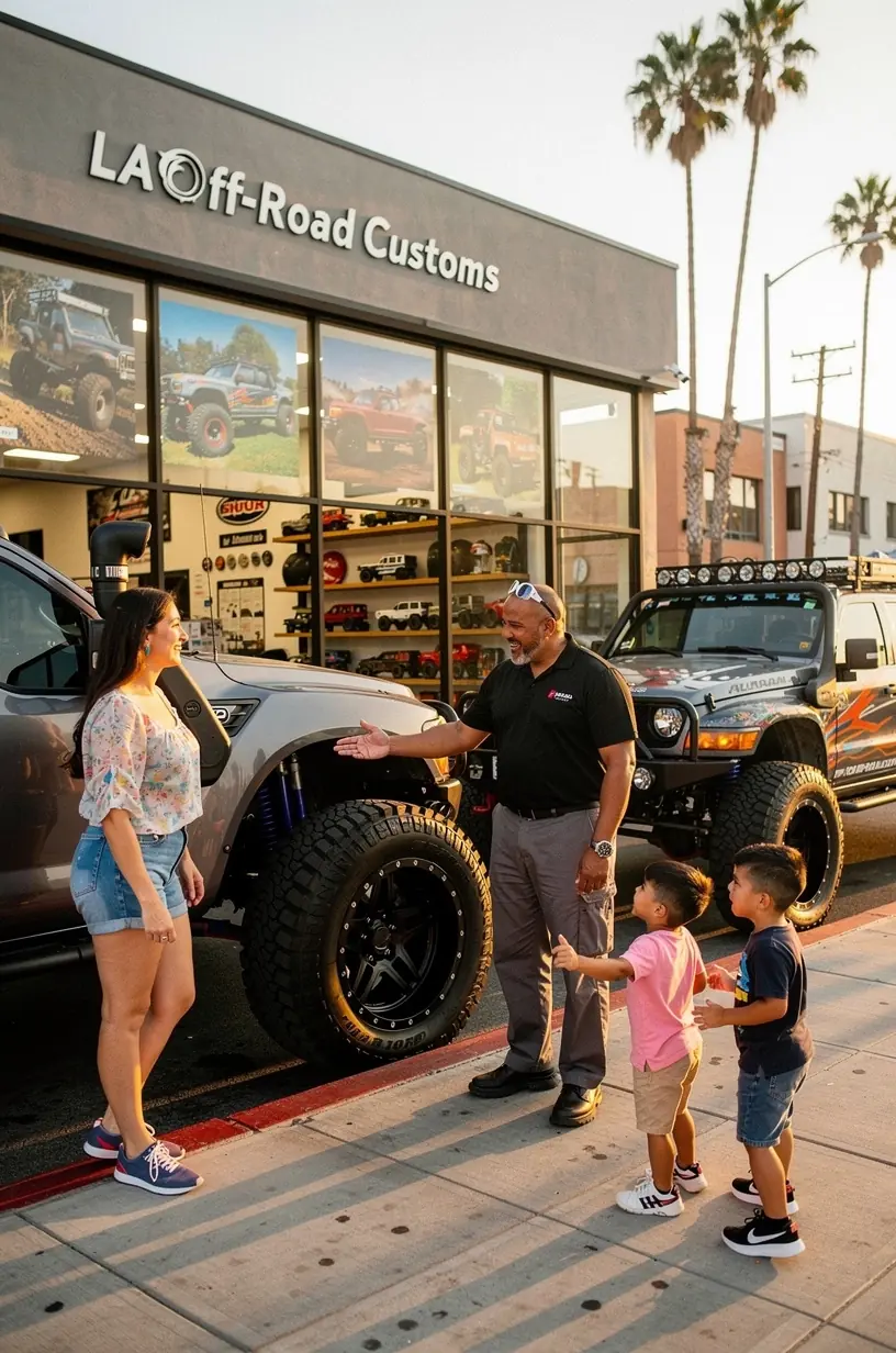 Mechanic installing custom off-road tires on a rugged SUV in a professional tuning and maintenance workshop.